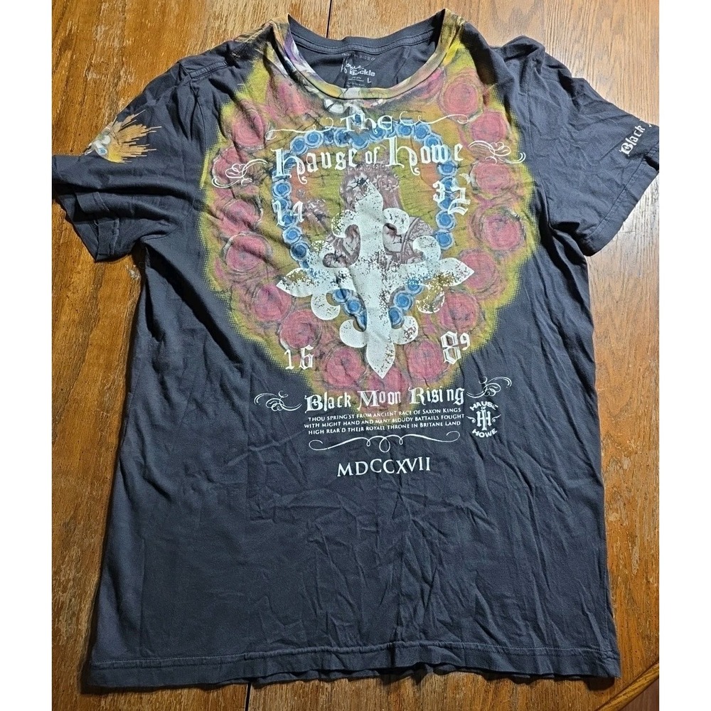 Y2K House Of‎ Buckle AOP All Over Print Affliction Style T Shirt Black Men's L
